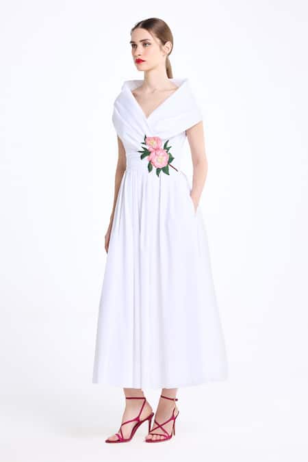 Buy_Gauri & Nainika_Cream Cotton Embroidery Shawl Neck Draped Collar Midi Dress _Online_at_Aza_Fashions