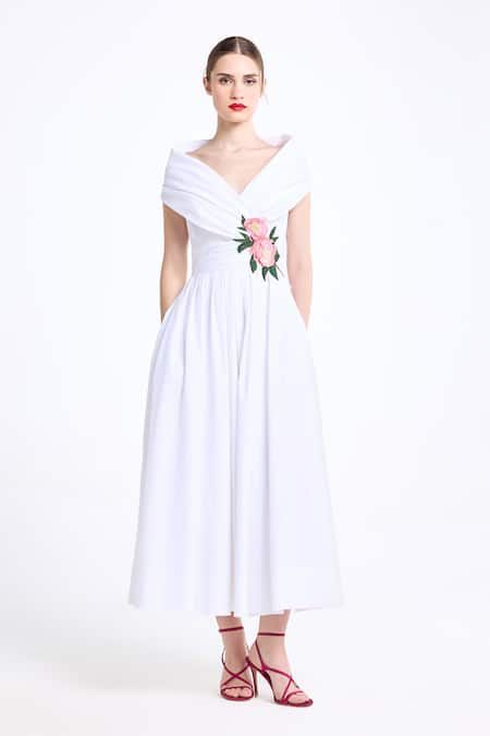 Shop_Gauri & Nainika_Cream Cotton Embroidery Shawl Neck Draped Collar Midi Dress _Online_at_Aza_Fashions