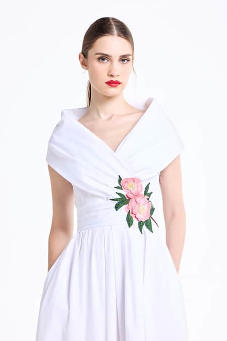 Gauri & Nainika_Cream Cotton Embroidery Shawl Neck Draped Collar Midi Dress _at_Aza_Fashions