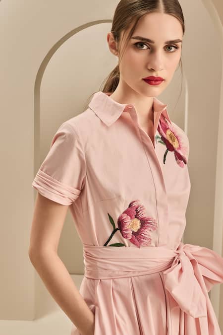 Buy_Gauri & Nainika_Pink Cotton Bows, Embroidery Collared Draped Shirt Dress 