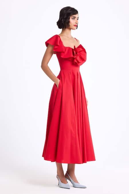 Gauri & Nainika Red Cotton Ruffles, Bows One Shoulder Dress Online at Aza Fashions Gauri & Nainika_Red Cotton Ruffles, Bows One Shoulder Dress _Online_at_Aza_Fashions