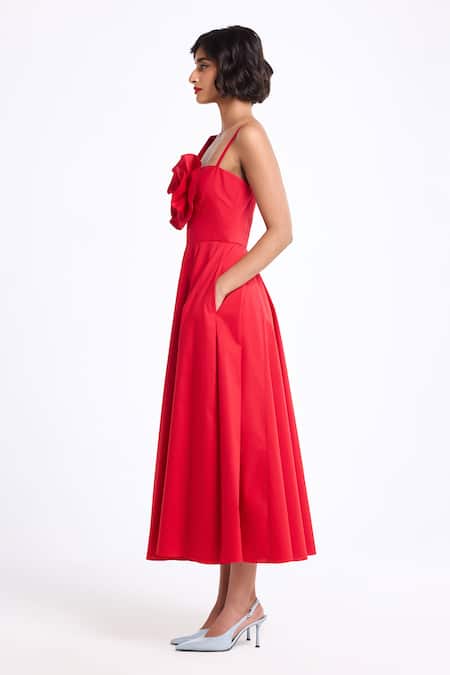 Buy Gauri & Nainika Red Cotton Ruffles, Bows One Shoulder Dress Online at Aza Fashions Buy_Gauri & Nainika_Red Cotton Ruffles, Bows One Shoulder Dress _Online_at_Aza_Fashions
