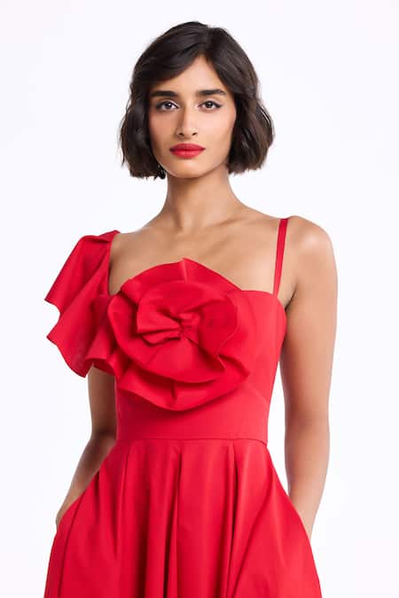 Shop Gauri & Nainika Red Cotton Ruffles, Bows One Shoulder Dress Online at Aza Fashions Shop_Gauri & Nainika_Red Cotton Ruffles, Bows One Shoulder Dress _Online_at_Aza_Fashions