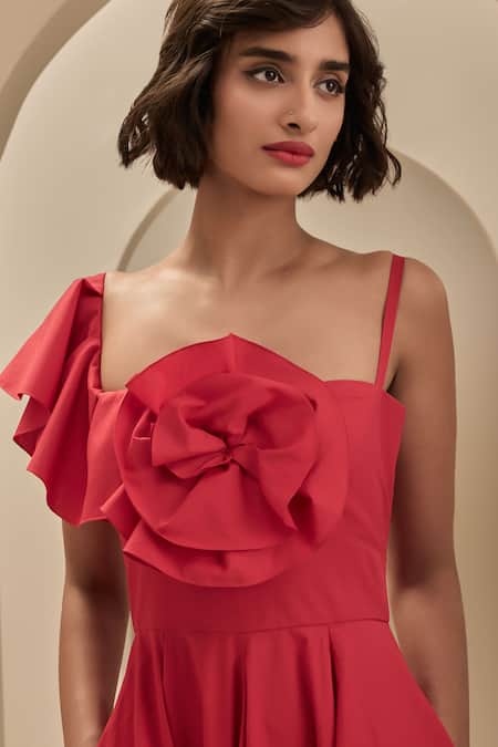 Gauri & Nainika Red Cotton Ruffles, Bows One Shoulder Dress at Aza Fashions Gauri & Nainika_Red Cotton Ruffles, Bows One Shoulder Dress _at_Aza_Fashions