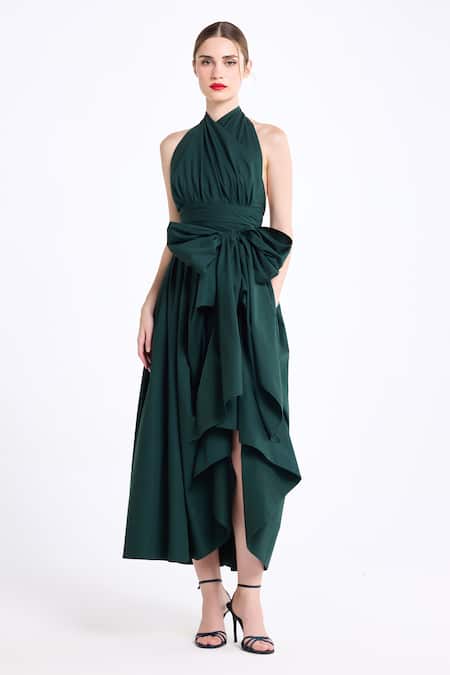 Gauri & Nainika Green Cotton Bows Halter Neck Draped Midi Dress Online at Aza Fashions Gauri & Nainika_Green Cotton Bows Halter Neck Draped Midi Dress _Online_at_Aza_Fashions
