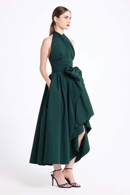 Buy Gauri & Nainika Green Cotton Bows Halter Neck Draped Midi Dress Online at Aza Fashions Buy_Gauri & Nainika_Green Cotton Bows Halter Neck Draped Midi Dress _Online_at_Aza_Fashions