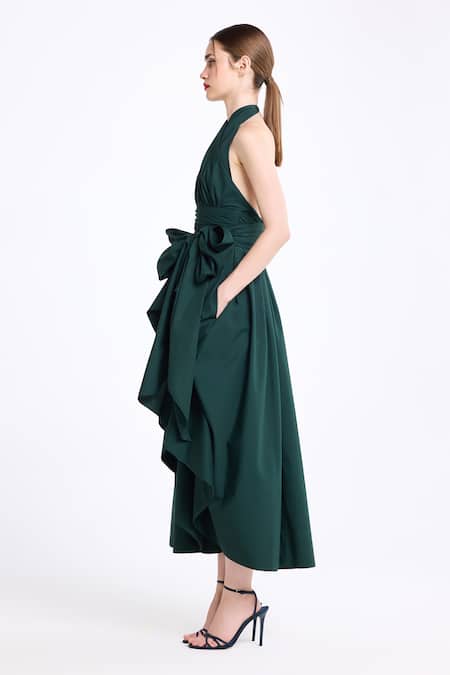 Shop Gauri & Nainika Green Cotton Bows Halter Neck Draped Midi Dress Online at Aza Fashions Shop_Gauri & Nainika_Green Cotton Bows Halter Neck Draped Midi Dress _Online_at_Aza_Fashions