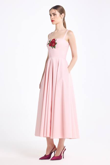 Gauri & Nainika_Pink Cotton Embroidery Bandeau Neck Midi Dress _Online_at_Aza_Fashions