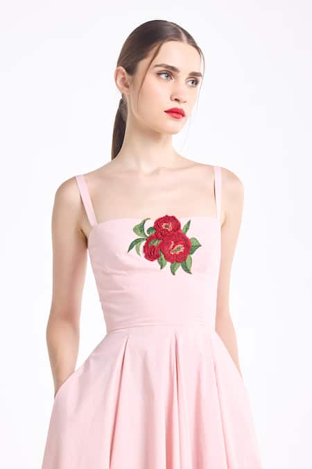 Shop_Gauri & Nainika_Pink Cotton Embroidery Bandeau Neck Midi Dress _Online_at_Aza_Fashions