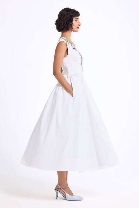 Gauri & Nainika_Cream Cotton Embroidery Boat Neck Midi Dress _Online_at_Aza_Fashions