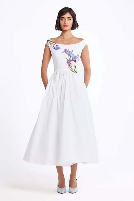 Buy_Gauri & Nainika_Cream Cotton Embroidery Boat Neck Midi Dress _Online_at_Aza_Fashions