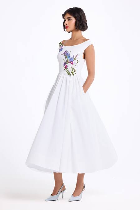 Shop_Gauri & Nainika_Cream Cotton Embroidery Boat Neck Midi Dress _Online_at_Aza_Fashions