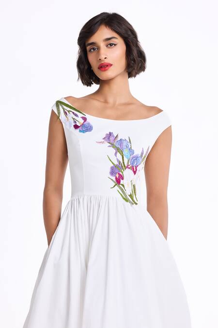 Gauri & Nainika_Cream Cotton Embroidery Boat Neck Midi Dress _at_Aza_Fashions