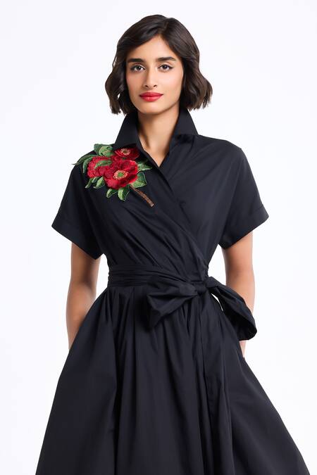 Shop_Gauri & Nainika_Black Cotton Embroidery Collared, V-neck Draped Wrap Around Shirt Dress _Online_at_Aza_Fashions