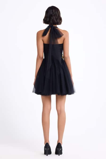 Shop Gauri & Nainika Black Tulle Fabric Flowers Halter Neck Corsetted Dress at Aza Fashions Shop_Gauri & Nainika_Black Tulle Fabric Flowers Halter Neck Corsetted Dress _at_Aza_Fashions