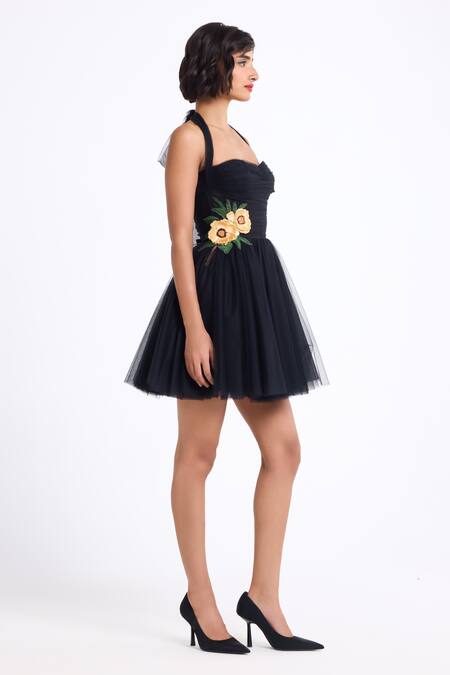 Gauri & Nainika Black Tulle Fabric Flowers Halter Neck Corsetted Dress Online at Aza Fashions Gauri & Nainika_Black Tulle Fabric Flowers Halter Neck Corsetted Dress _Online_at_Aza_Fashions