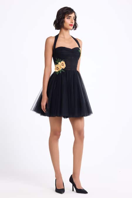 Buy Gauri & Nainika Black Tulle Fabric Flowers Halter Neck Corsetted Dress Online at Aza Fashions Buy_Gauri & Nainika_Black Tulle Fabric Flowers Halter Neck Corsetted Dress _Online_at_Aza_Fashions