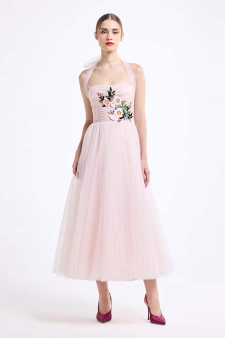 Gauri & Nainika_Pink Tulle Applique, Fabric Flowers, Embroidery Halter Neck Corsetted Dress _Online_at_Aza_Fashions