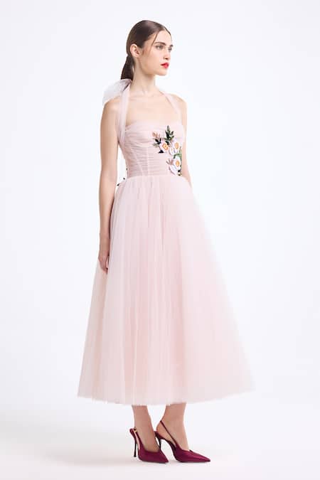 Buy_Gauri & Nainika_Pink Tulle Applique, Fabric Flowers, Embroidery Halter Neck Corsetted Dress _Online_at_Aza_Fashions