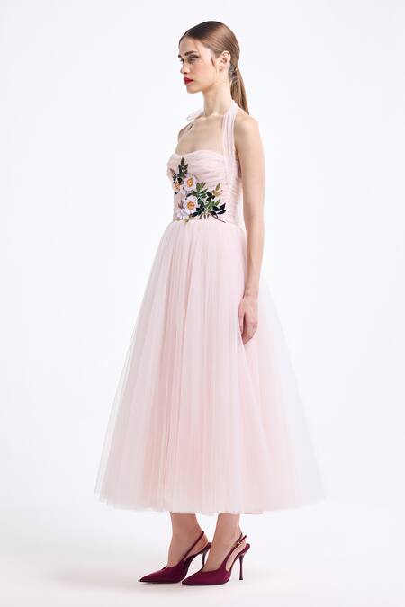 Shop_Gauri & Nainika_Pink Tulle Applique, Fabric Flowers, Embroidery Halter Neck Corsetted Dress _Online_at_Aza_Fashions
