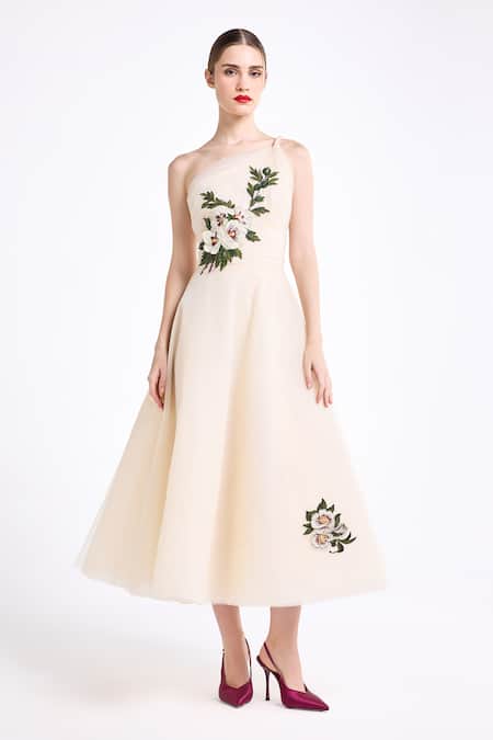 Gauri & Nainika Beige Tulle Embroidery, Metallic Thread One Shoulder Twisted Strap Draped Dress Online at Aza Fashions Gauri & Nainika_Beige Tulle Embroidery, Metallic Thread One Shoulder Twisted Strap Draped Dress _Online_at_Aza_Fashions