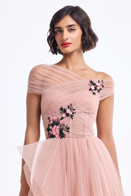 Gauri & Nainika_Pink Tulle Fabric Flowers Off-shoulder Off Draped Dress _Online_at_Aza_Fashions