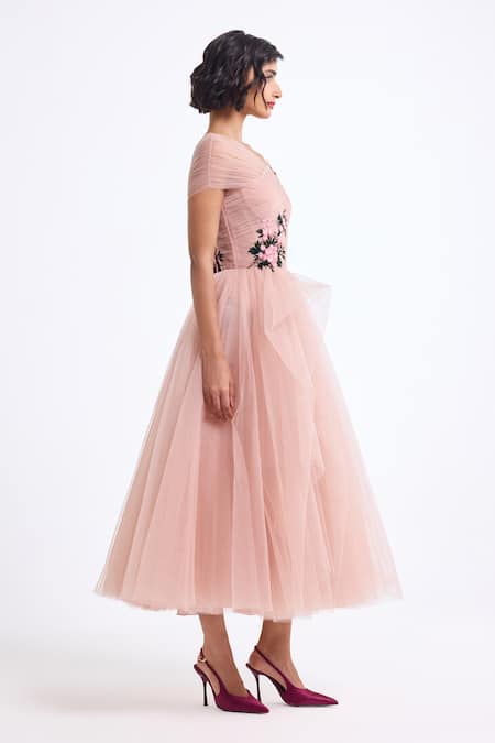 Buy_Gauri & Nainika_Pink Tulle Fabric Flowers Off-shoulder Off Draped Dress _Online_at_Aza_Fashions