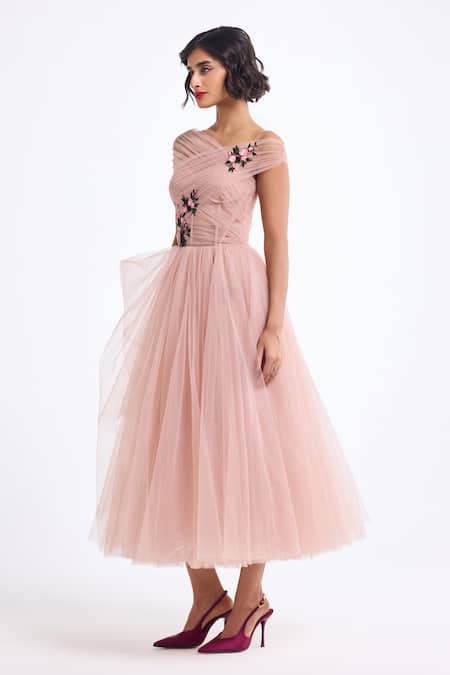 Shop_Gauri & Nainika_Pink Tulle Fabric Flowers Off-shoulder Off Draped Dress _Online_at_Aza_Fashions