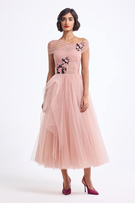 Gauri & Nainika_Pink Tulle Fabric Flowers Off-shoulder Off Draped Dress _at_Aza_Fashions