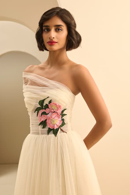 Gauri & Nainika_Cream Tulle Fabric Flowers, Embroidery One Shoulder Draped Dress _Online_at_Aza_Fashions