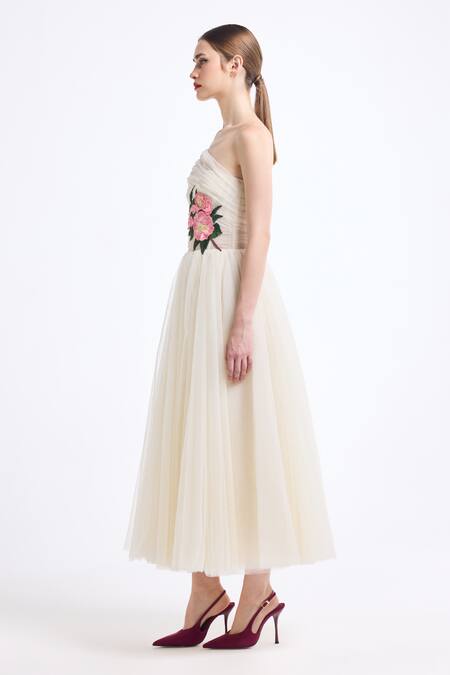 Buy_Gauri & Nainika_Cream Tulle Fabric Flowers, Embroidery One Shoulder Draped Dress _Online_at_Aza_Fashions