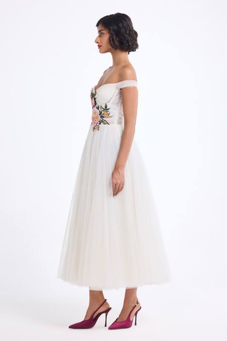 Gauri & Nainika_Ivory Tulle Embroidery Off-shoulder, Sweetheart Neck Off Draped Dress _Online_at_Aza_Fashions