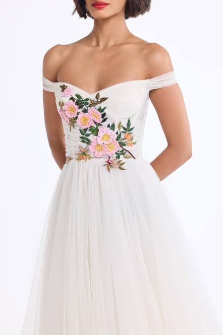 Shop_Gauri & Nainika_Ivory Tulle Embroidery Off-shoulder, Sweetheart Neck Off Draped Dress _Online_at_Aza_Fashions