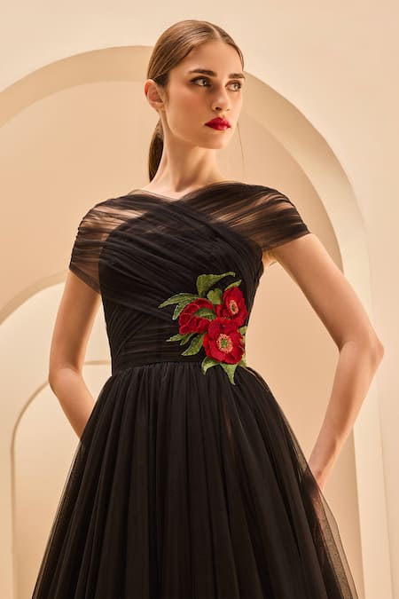Gauri & Nainika_Black Tulle Embroidery, Applique Halter Neck Criss-cross Gown _Online_at_Aza_Fashions
