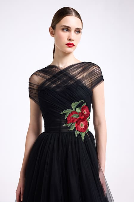 Buy_Gauri & Nainika_Black Tulle Embroidery, Applique Halter Neck Criss-cross Gown _Online_at_Aza_Fashions