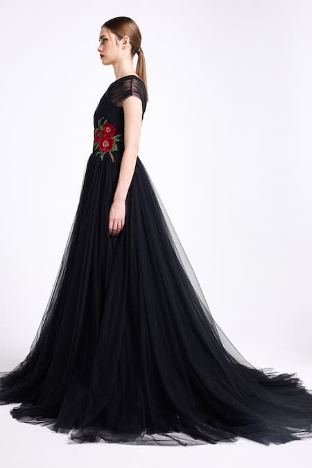 Shop_Gauri & Nainika_Black Tulle Embroidery, Applique Halter Neck Criss-cross Gown _Online_at_Aza_Fashions