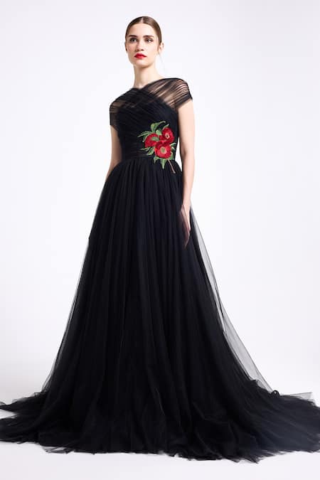 Gauri & Nainika_Black Tulle Embroidery, Applique Halter Neck Criss-cross Gown _at_Aza_Fashions