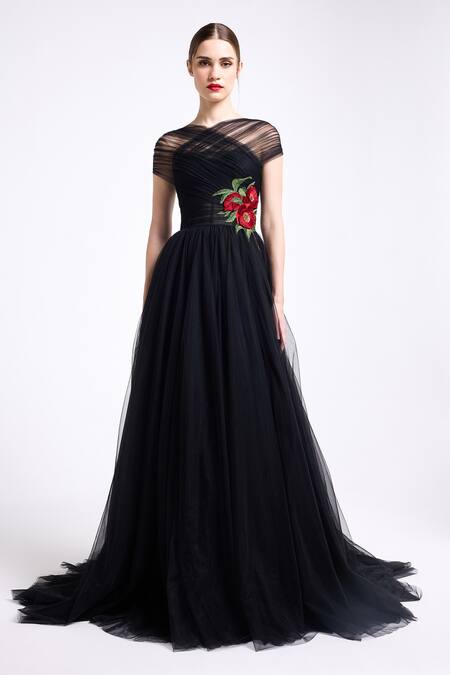Buy_Gauri & Nainika_Black Tulle Embroidery, Applique Halter Neck Criss-cross Gown 