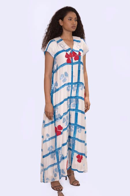 Jajobaa_White Silk Sequins, Pearls V-neck Geometrical Print Dress With Jacket _Online_at_Aza_Fashions