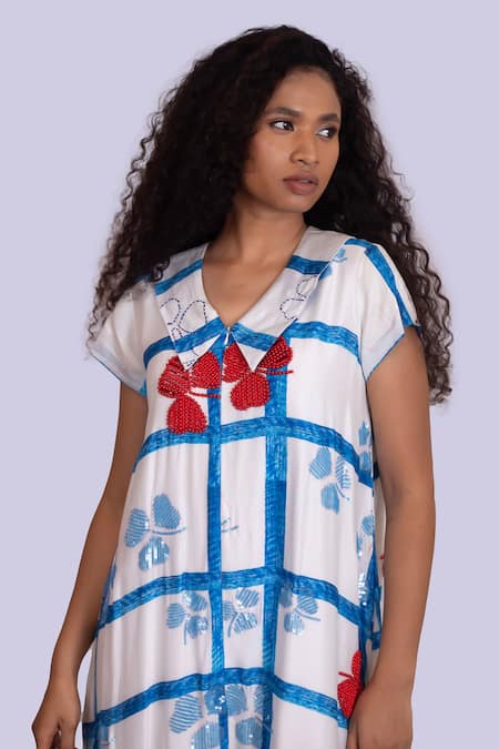 Shop_Jajobaa_White Silk Sequins, Pearls V-neck Geometrical Print Dress With Jacket _Online_at_Aza_Fashions