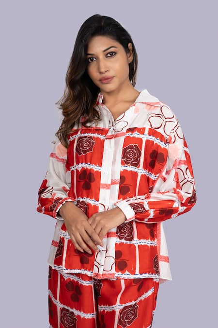 Jajobaa_White Silk Embroidery, Patchwork Geometrical Print Velvet Touch Shirt And Pant Set _at_Aza_Fashions