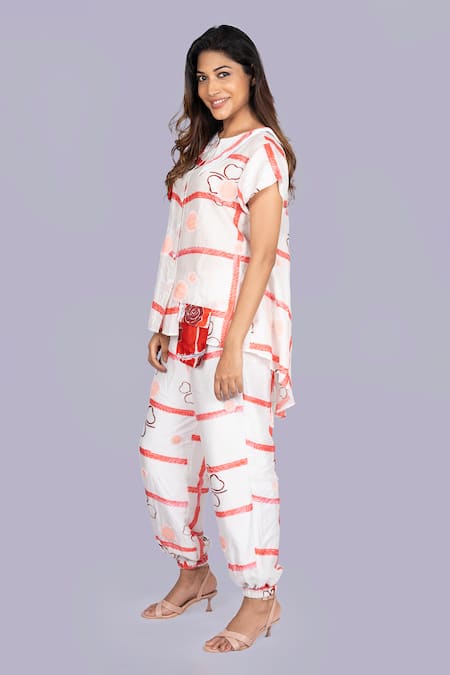Buy_Jajobaa_White Silk Sequins, Patchwork Round Neck Designer Floral Print Shirt And Pant Set _Online_at_Aza_Fashions