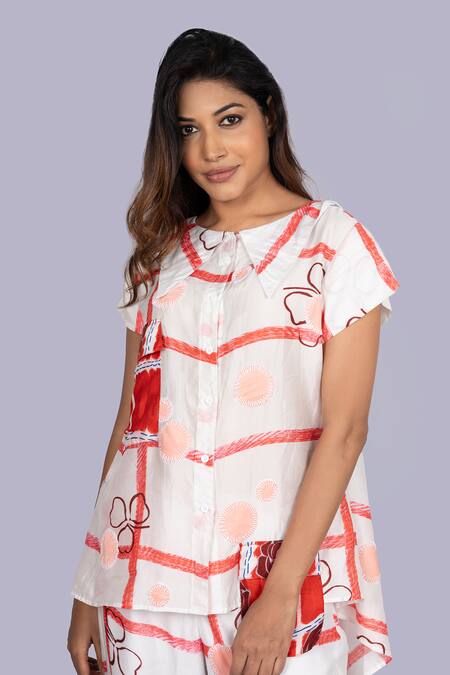 Jajobaa_White Silk Sequins, Patchwork Round Neck Designer Floral Print Shirt And Pant Set _at_Aza_Fashions