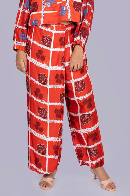 Jajobaa_Red Silk Embroidery, Sequins High Neck Floral Geometrical Print Top And Pant Set _Online_at_Aza_Fashions