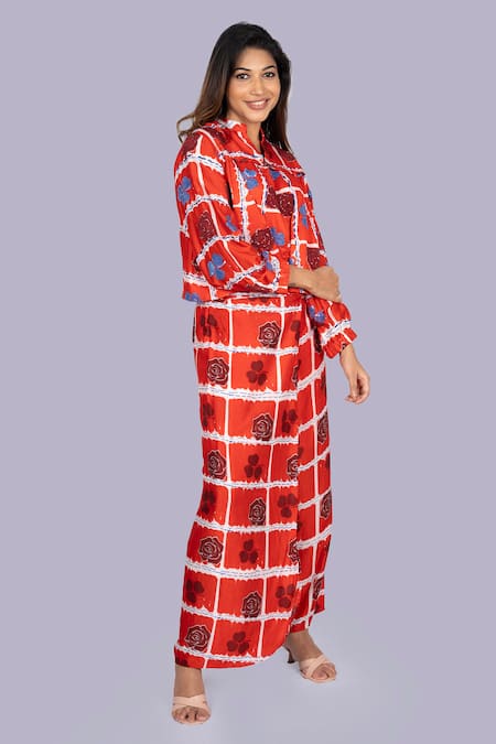 Buy_Jajobaa_Red Silk Embroidery, Sequins High Neck Floral Geometrical Print Top And Pant Set _Online_at_Aza_Fashions