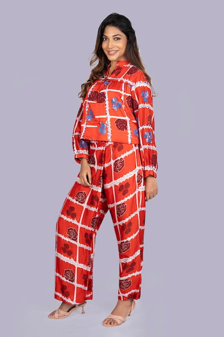 Shop_Jajobaa_Red Silk Embroidery, Sequins High Neck Floral Geometrical Print Top And Pant Set _Online_at_Aza_Fashions