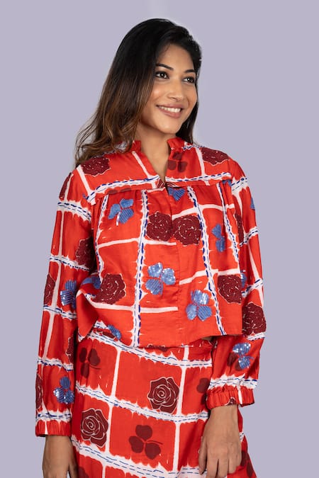 Jajobaa_Red Silk Embroidery, Sequins High Neck Floral Geometrical Print Top And Pant Set _at_Aza_Fashions