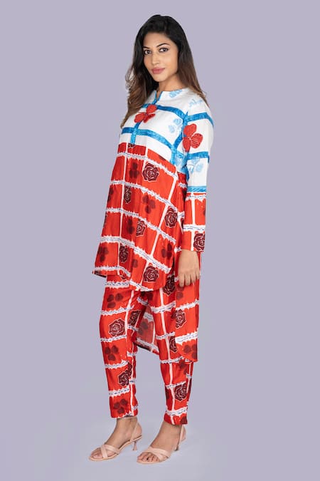 Jajobaa_Blue Silk Sequins High Neck Geometrical Print Kurta Set _Online_at_Aza_Fashions