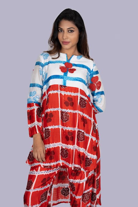 Jajobaa_Blue Silk Sequins High Neck Geometrical Print Kurta Set _at_Aza_Fashions