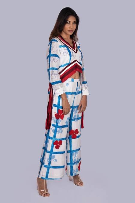 Buy_Jajobaa_Blue Silk Sequins, Pearls V-neck Geometrical Print Top And Pant Set _Online_at_Aza_Fashions